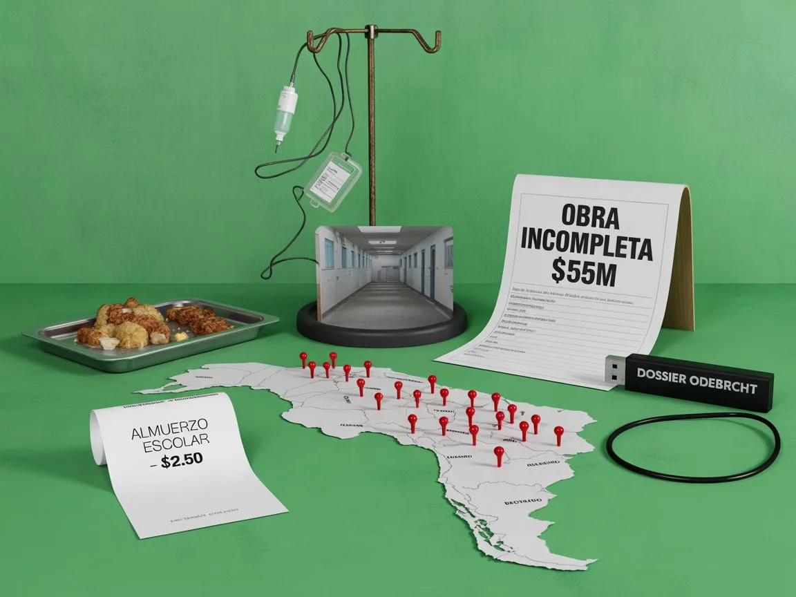 Corrupción en Latinoamérica relacionada con el caso Odebrecht y desfalcos en hospitales y escuelas.