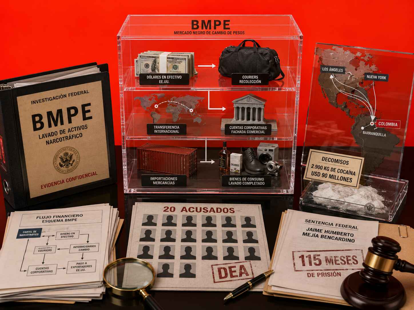 Investigación sobre el BMPE y una red de lavado de dinero vinculada al narcotráfico, con 20 acusados y decomisos de cocaína