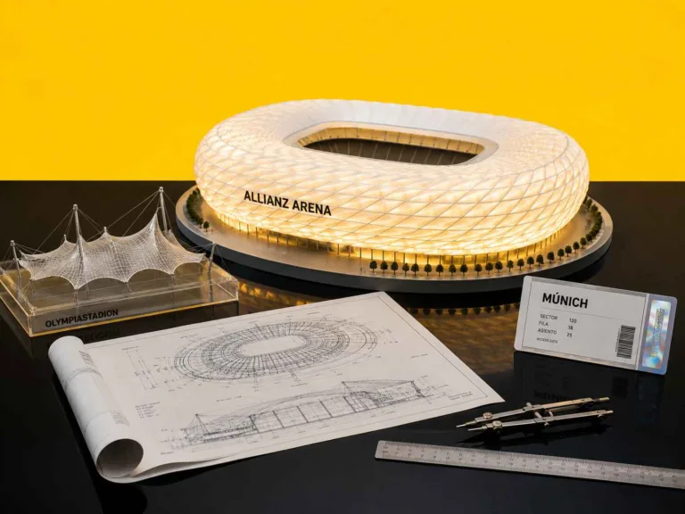 Maquetas arquitectónicas del Allianz Arena, el coloso en Munich y el Olympiastadion de Múnich sobre una mesa negra en una composición editorial deportiva.