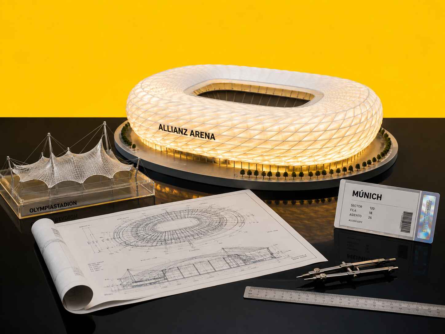 Maquetas arquitectónicas del Allianz Arena, el coloso en Munich y el Olympiastadion de Múnich sobre una mesa negra en una composición editorial deportiva.