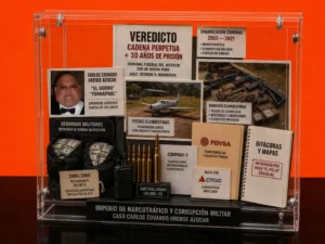 Expediente forense sobre Carlos Eduardo Orense Azocar con documentos judiciales, dinero en efectivo, municiones, pistas clandestinas y registros de narcotráfico y corrupción militar.