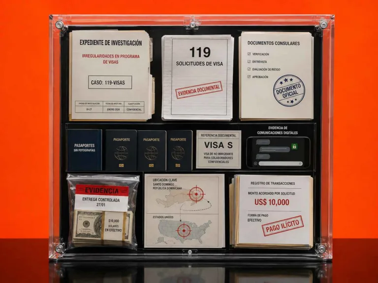 Expediente forense sobre meliton cordero con 119 solicitudes de visa, documentos consulares, pasaportes sin fotografías, referencia a VISA S, evidencia de comunicaciones digitales, dinero en una bolsa de evidencia y mapas de Santo Domingo y Estados Unidos.