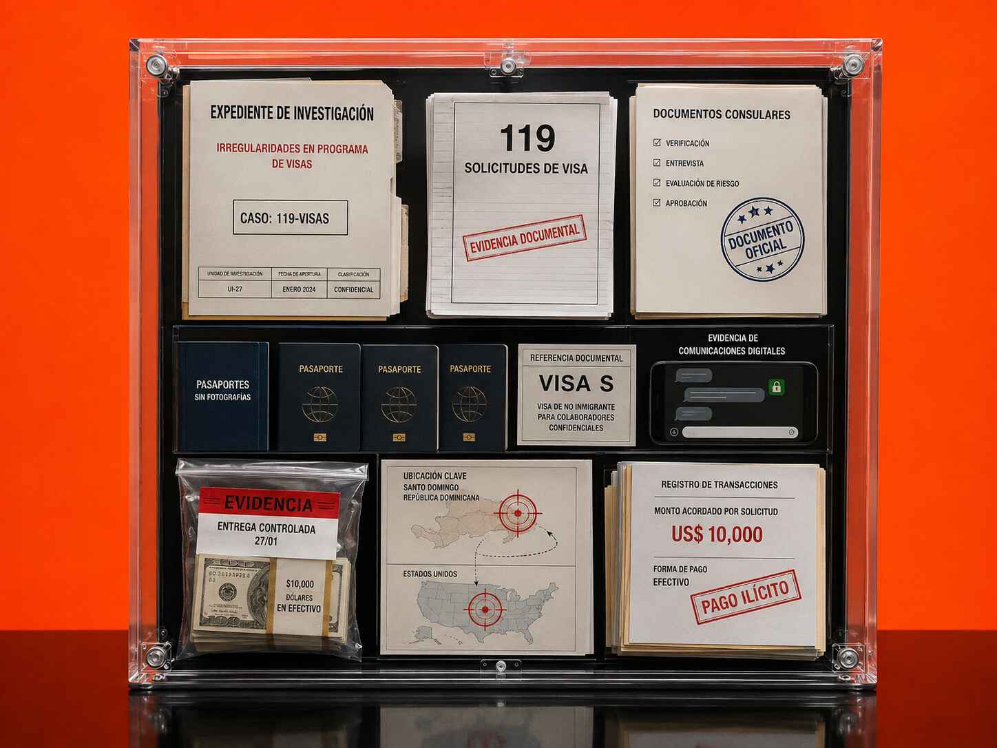 Expediente forense sobre meliton cordero con 119 solicitudes de visa, documentos consulares, pasaportes sin fotografías, referencia a VISA S, evidencia de comunicaciones digitales, dinero en una bolsa de evidencia y mapas de Santo Domingo y Estados Unidos.