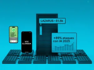 Composición minimalista sobre un call center con teclados idénticos, teléfono mostrando deepfake y servidor etiquetado sobre fondo azul neón