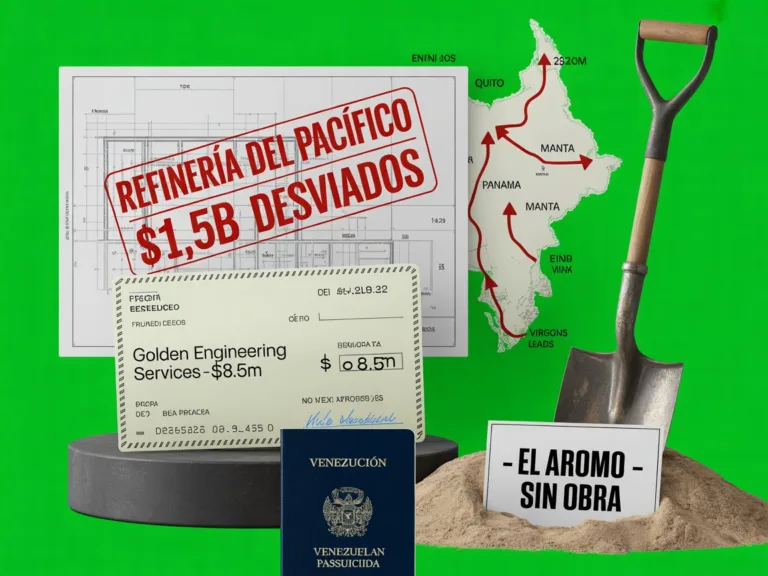 Freddy Salas y composición minimalista con plano de refinería, cheque de Golden Engineering y mapa de Ecuador con rutas offshore sobre fondo verde.