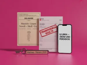Composición minimalista del socio del poder con registro corporativo de Delaware, documento panameño, billetera cripto $Libra y llave de caja de seguridad sobre fondo magenta