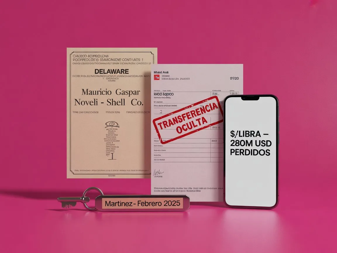Composición minimalista del socio del poder con registro corporativo de Delaware, documento panameño, billetera cripto $Libra y llave de caja de seguridad sobre fondo magenta