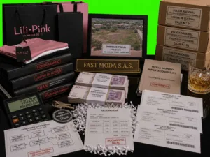 Documentos judiciales, facturas falsas y dinero vinculados al Caso Lili Pink sobre fondo verde.