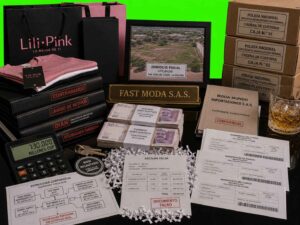 Documentos judiciales, facturas falsas y dinero vinculados al Caso Lili Pink sobre fondo verde.