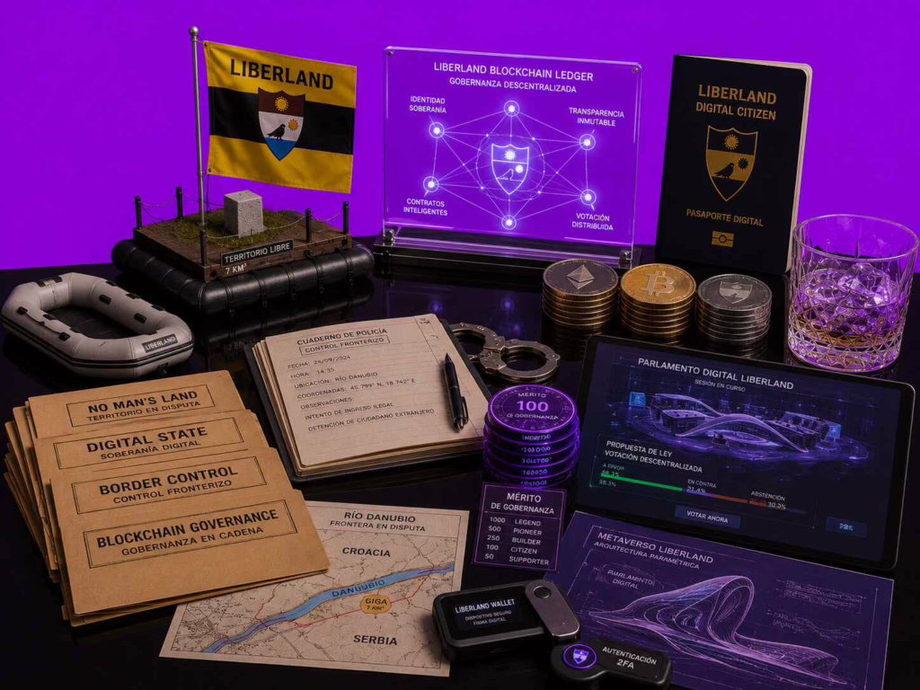 Pasaporte digital, símbolos blockchain y mapa del Danubio vinculados al proyecto Liberland.