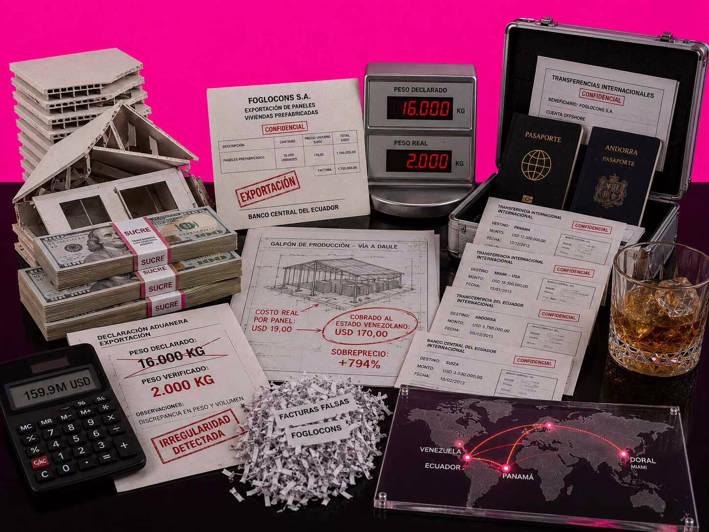 Documentos offshore, dinero y paneles prefabricados vinculados al caso Foglocons sobre fondo magenta.