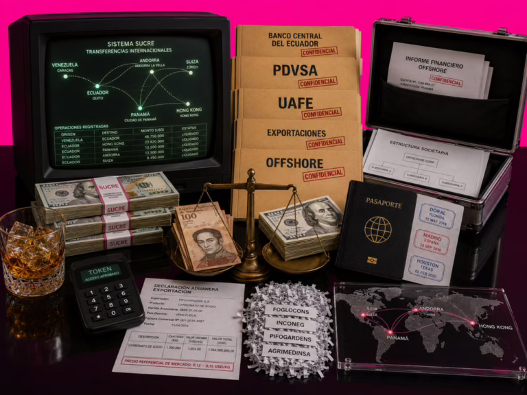 Documentos offshore, transferencias bancarias y dinero vinculados al sistema SUCRE sobre fondo magenta.
