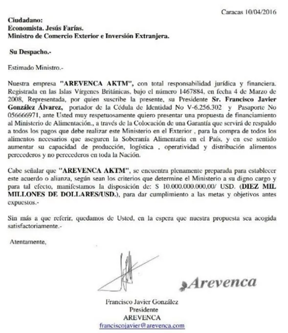 Documento corporativo atribuido a Arevenca AKTM con una propuesta de financiamiento por 10.000 millones de dólares dirigida al Ministerio de Alimentación.