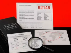 Informe de auditoría financiera con código de referencia Euroclear 92146 y documentos de verificación internacional sobre una mesa negra.