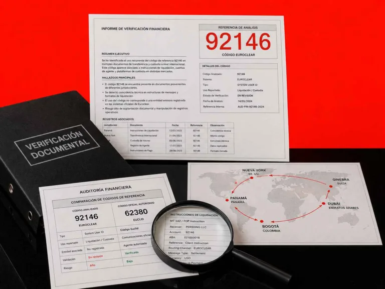 Informe de auditoría financiera con código de referencia Euroclear 92146 y documentos de verificación internacional sobre una mesa negra.