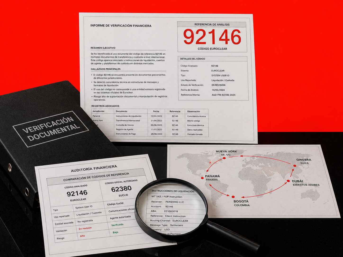 Informe de auditoría financiera con código de referencia Euroclear 92146 y documentos de verificación internacional sobre una mesa negra.
