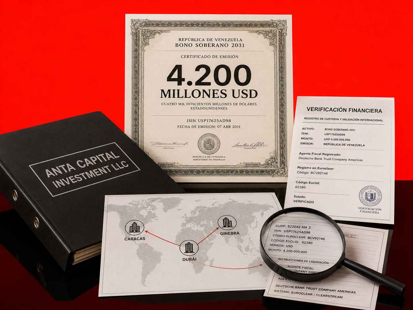 Composición editorial que representa la estructura financiera asociada a Ivan Andres Montoya Moreno, Anta Capital Investment LLC y la validación de bonos soberanos venezolanos por 4.200 millones de dólares.