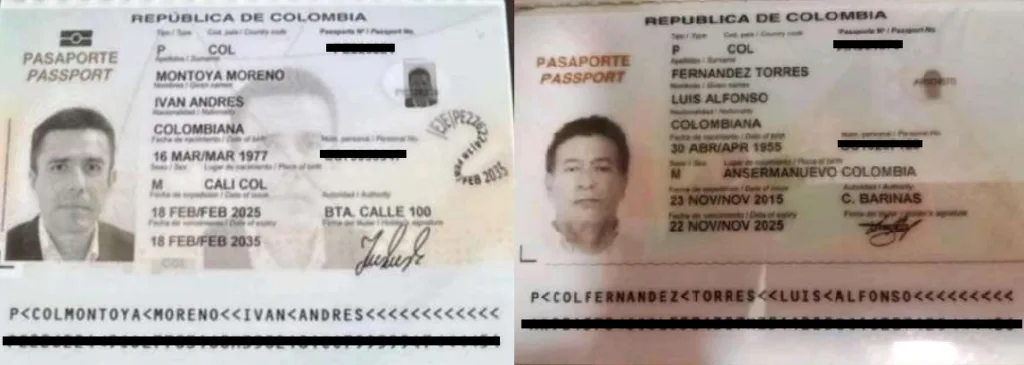 Fragmentos de documentos de identidad y pasaportes correspondientes a Ivan Andres Montoya Moreno y Luis Alfonso Fernández Torres.