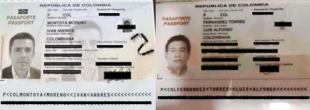 Fragmentos de documentos de identidad y pasaportes correspondientes a Ivan Andres Montoya Moreno y Luis Alfonso Fernández Torres.