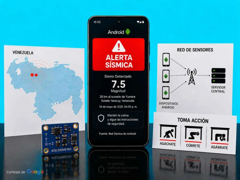 Teléfono mostrando el Sistema de Alertas de Terremotos de Android junto a un mapa de Venezuela y un diagrama de la red de sensores utilizada para detectar terremotos.