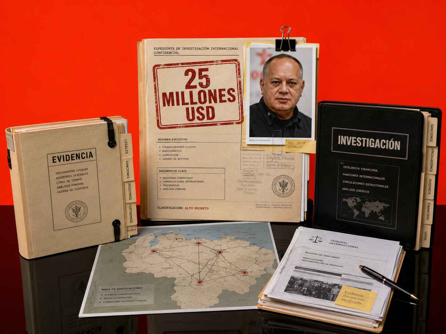 Expediente de investigación con fotografía de Diosdado Cabello, documentos judiciales, registros de sanciones y evidencias relacionadas con una investigación internacional.