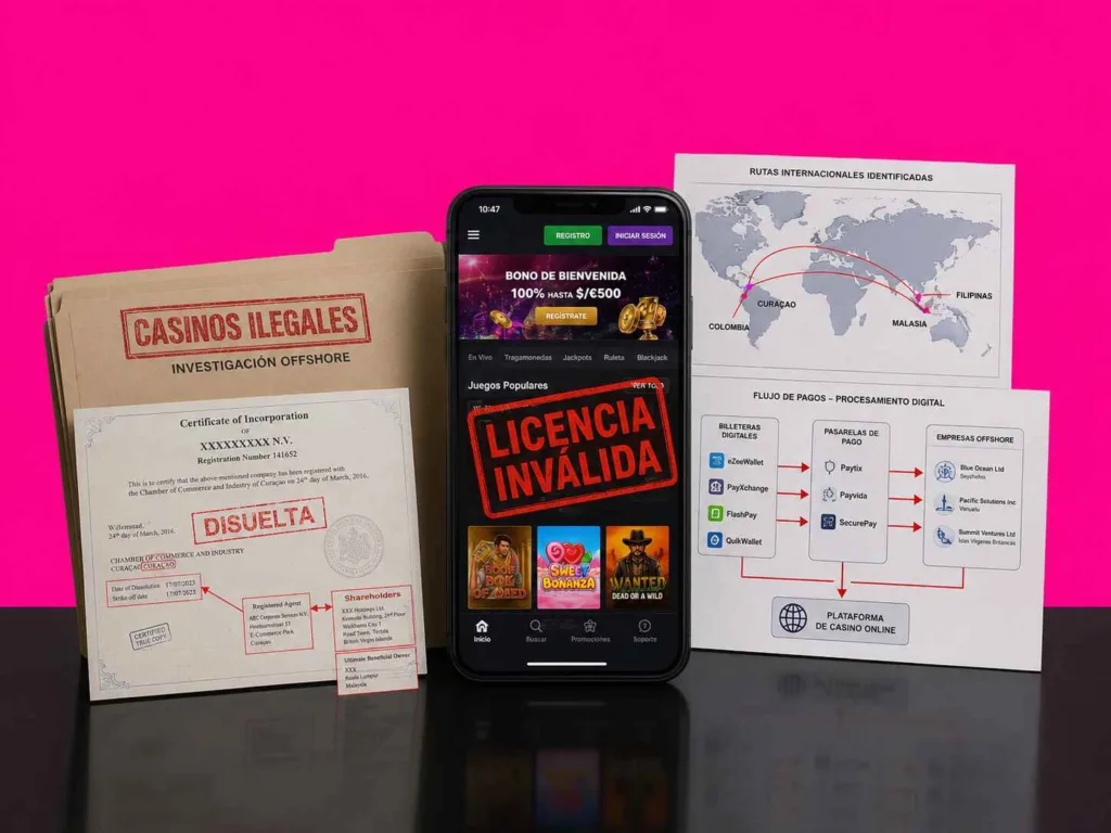Investigación editorial sobre casinos ilegales en Colombia con documentos offshore, licencia invalidada, diagrama financiero internacional y expediente de investigación sobre una mesa negra.