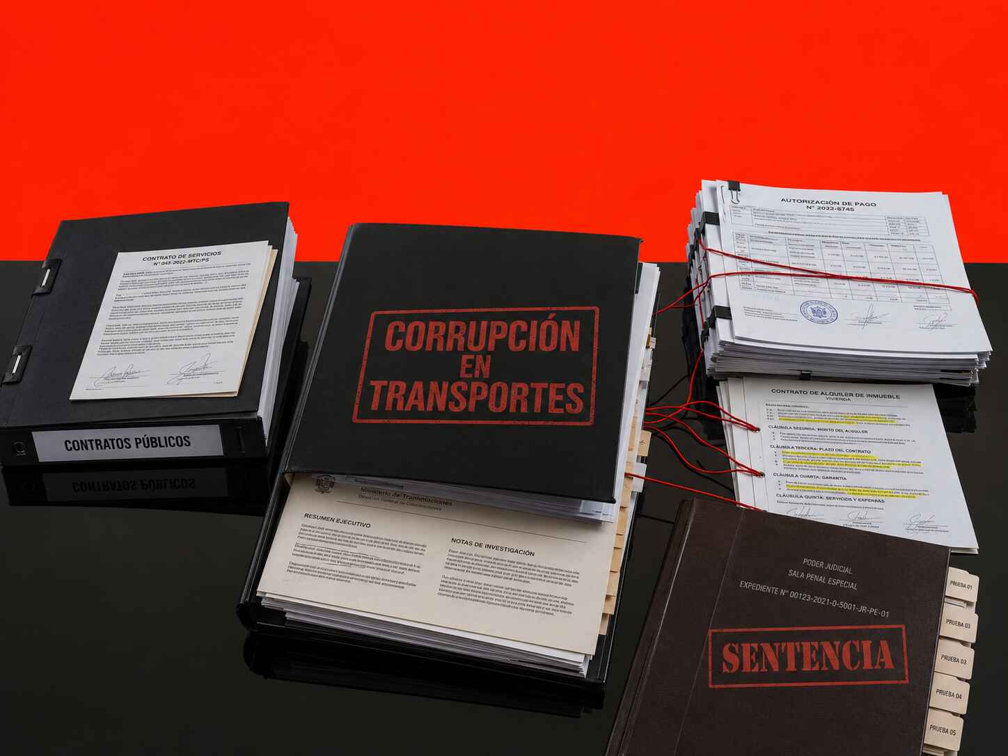 Expediente de investigación sobre corrupción en el Ministerio de Transportes, con documentos oficiales, archivos judiciales y contratos gubernamentales organizados sobre una mesa negra en composición editorial minimalista.