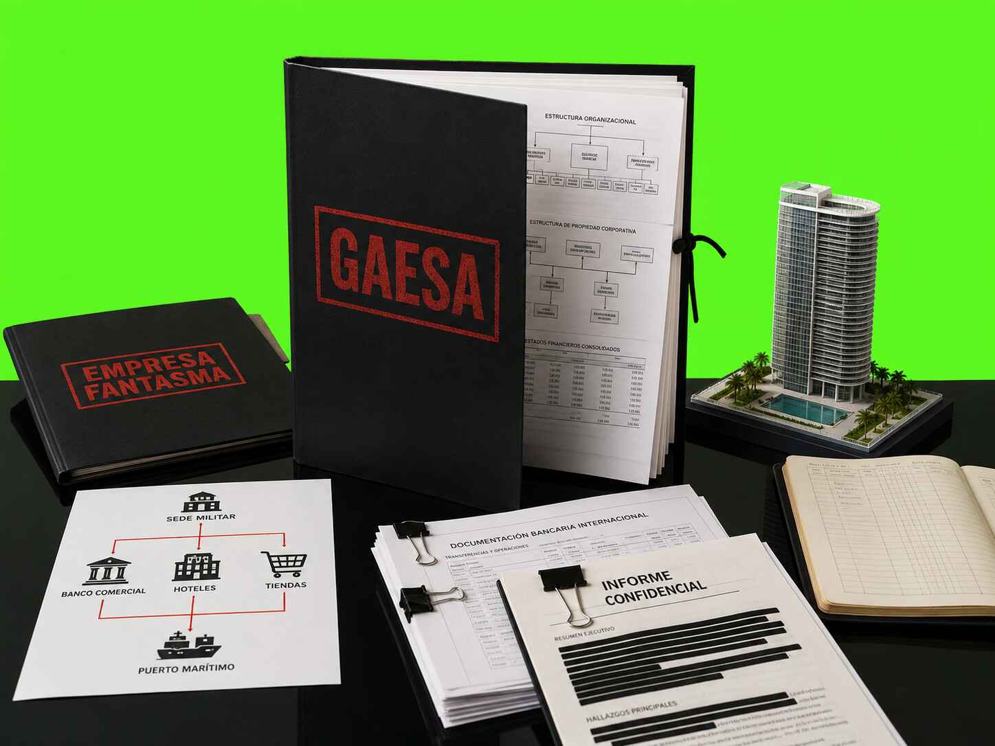 Expediente de investigación sobre GAESA con documentos corporativos, organigrama de control empresarial, informes financieros y archivos confidenciales en una composición editorial minimalista.