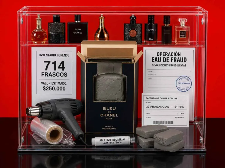 Reconstrucción forense del fraude de Philip Carter con perfumes de lujo y cajas rellenadas con arcilla para obtener reembolsos