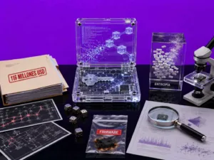 Ilustración editorial de una investigación sobre un fallo criptográfico en Coldcard, representado mediante un dispositivo transparente con una llave digital fracturada, un chip comprometido y documentos forenses relacionados con el robo de 116 millones de dólares en bitcoin.