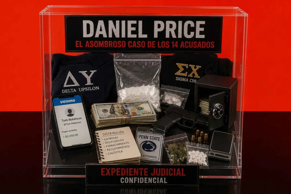 Composición editorial sobre el caso de Daniel Price y los 14 acusados de integrar una presunta red de narcotráfico universitario en Pensilvania.