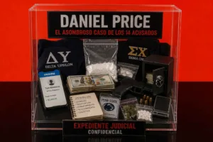 Composición editorial sobre el caso de Daniel Price y los 14 acusados de integrar una presunta red de narcotráfico universitario en Pensilvania.