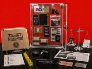 Representación editorial del caso de acoso corporativo contra los periodistas David e Ina Steiner, con documentos judiciales, dispositivos de vigilancia y evidencias de una investigación federal vinculada a Devin Norse Wenig y eBay.