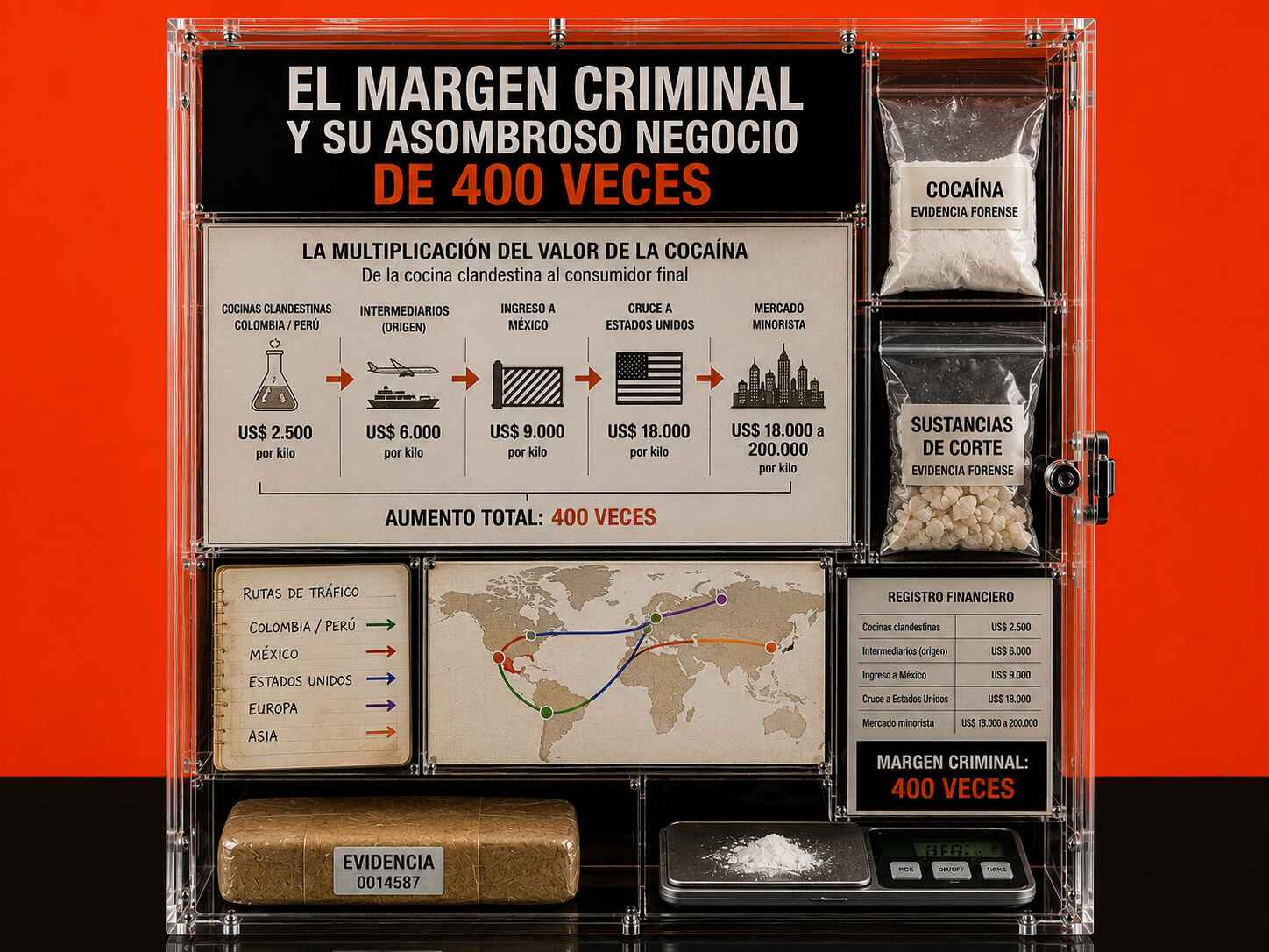 Exhibición forense sobre el margen criminal económico del narcotráfico, con evidencia de cocaína, registros financieros y ruta de distribución.