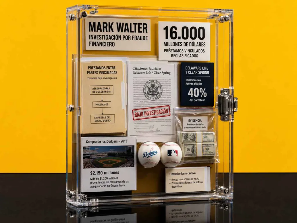 Mark Walter aparece representado mediante un expediente forense sobre préstamos vinculados, con documentos de Delaware Life y Clear Spring, cifras financieras y evidencia relacionada con la compra de los Dodgers.