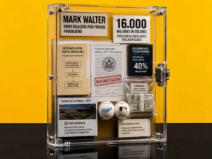 Mark Walter aparece representado mediante un expediente forense sobre préstamos vinculados, con documentos de Delaware Life y Clear Spring, cifras financieras y evidencia relacionada con la compra de los Dodgers.