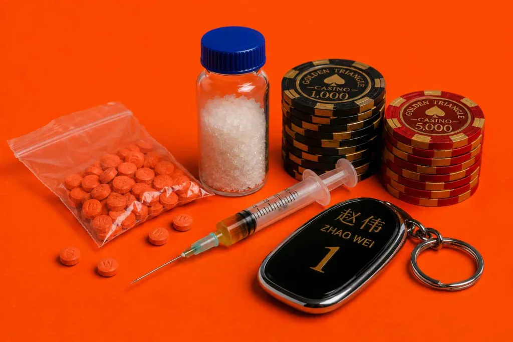 Símbolos del Triángulo de Oro, pastillas de metanfetamina, una muestra de sustancia cristalina, una jeringa y fichas de casino junto a un identificador asociado a Zhao Wei sobre una superficie naranja.