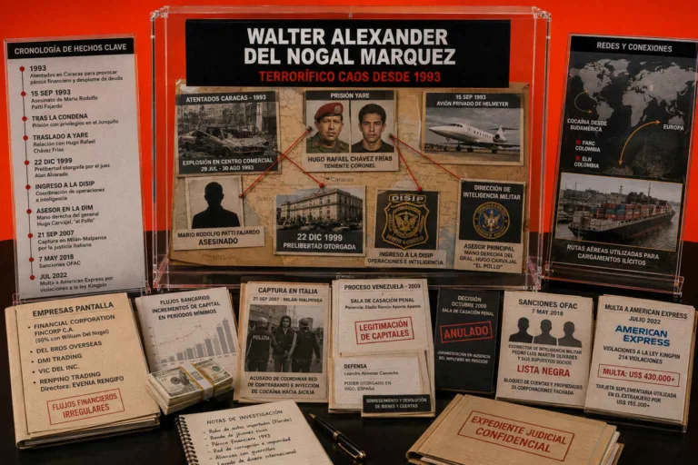Expediente visual sobre Walter Alexander Del Nogal Marquez, con referencias a los atentados de Caracas de 1993, prisión de Yare, organismos de inteligencia, empresas pantalla, procesos judiciales y sanciones financieras.