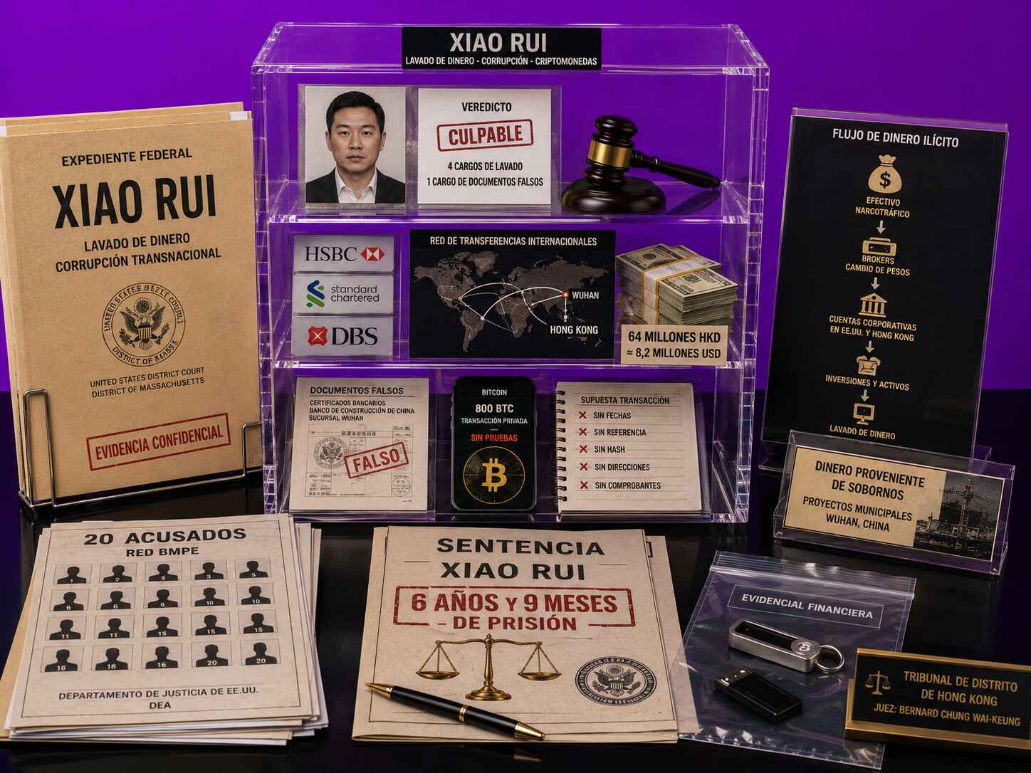 Investigación sobre Xiao Rui y su condena por lavado de dinero mediante criptomonedas, transferencias bancarias y fondos de origen ilícito
