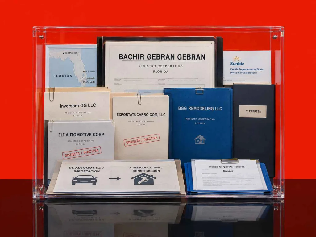 Bachir Gebran Gebran y registros de cinco empresas vinculadas a su actividad corporativa en Florida.