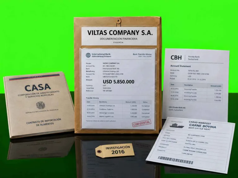 Documentos de Viltas y CASA junto a registros bancarios que simbolizan una investigación a los Hermanos Marquina Parra por corrupción alimentaria.