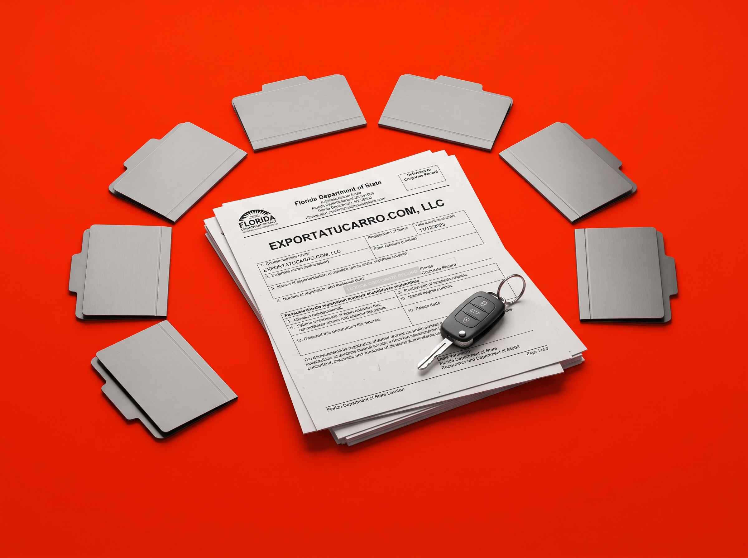 Documentos corporativos de Emilio José Montoya en Florida y siete carpetas que simbolizan la dispersión societaria investigada.