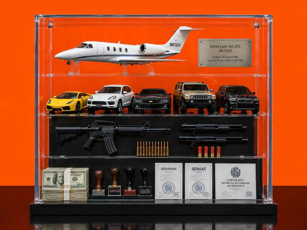 Exhibidor forense sobre Neif Antonio Gebran Frangie con jet privado, vehículos de lujo, armas, dólares y documentos de 2012.