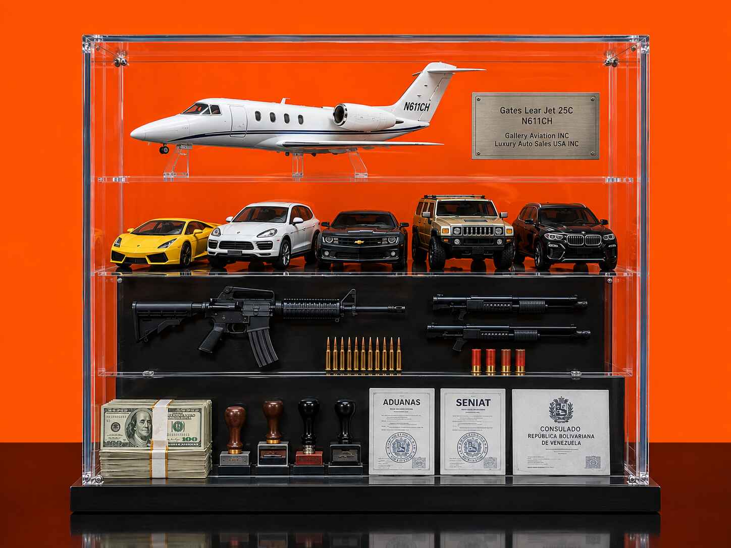 Exhibidor forense sobre Neif Antonio Gebran Frangie con jet privado, vehículos de lujo, armas, dólares y documentos de 2012.