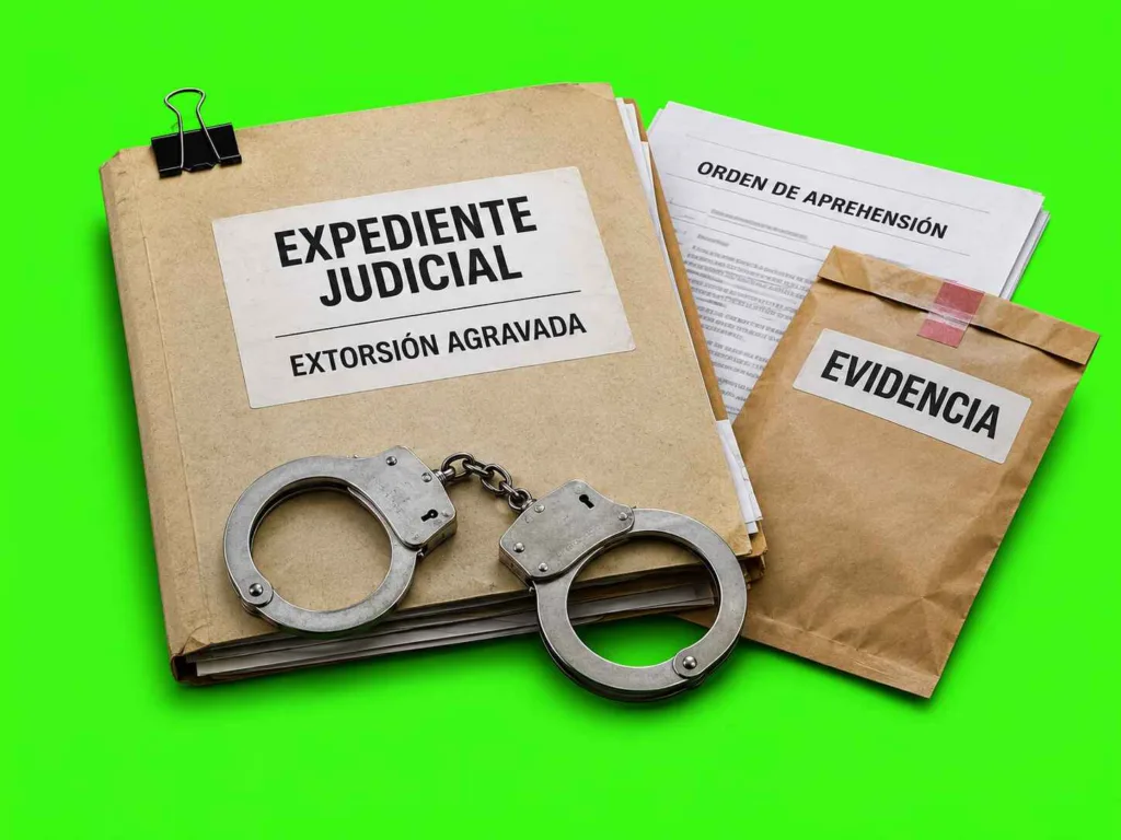 Anuar Josué Yzze Pérez, 18.736.168, mostrando expediente judicial, esposas y sobre de evidencias sobre fondo verde neón, símbolos de las denuncias de extorsión policial en Lara.