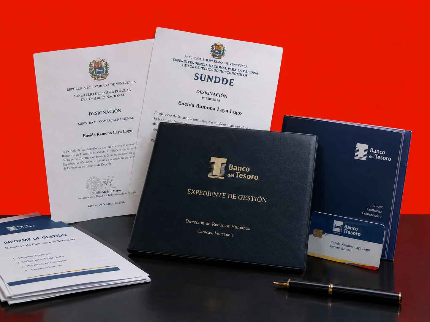Eneida Ramona Laya Lugo y documentos oficiales sobre su trayectoria en la banca pública venezolana.
