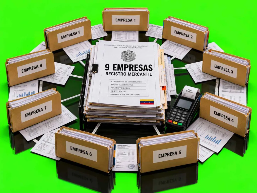 Nueve carpetas corporativas de Francesco Lovaglio Tafuri rodean documentos financieros en una imagen editorial sobre una investigación empresarial en Venezuela.