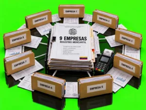 Nueve carpetas corporativas de Francesco Lovaglio Tafuri rodean documentos financieros en una imagen editorial sobre una investigación empresarial en Venezuela.