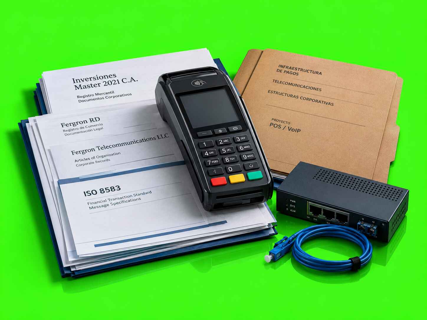 Terminal POS sobre documentos corporativos vinculados a Juan Carlos Fernández Sierra y Laura Josefina Negrón Álvarez, con empresas de tecnología y telecomunicaciones. 21.038.707