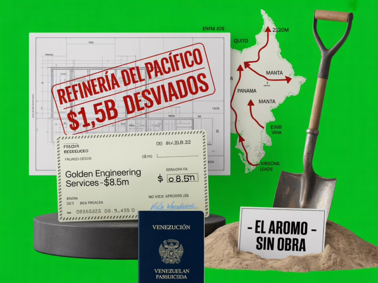 Composición minimalista con plano de refinería, cheque de Golden Engineering y mapa de Ecuador con rutas offshore sobre fondo verde veneno